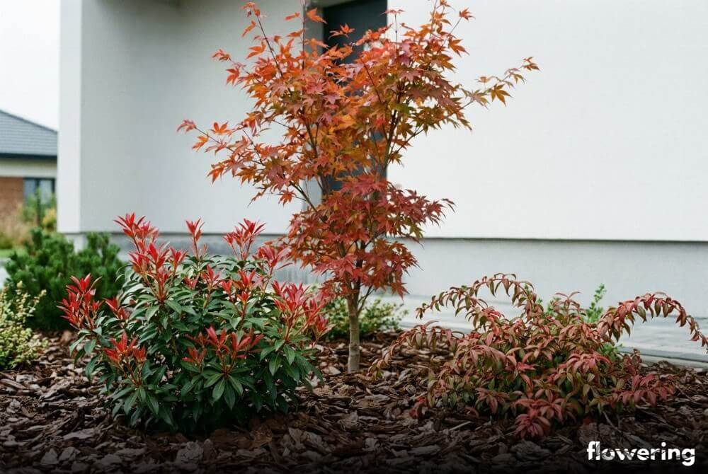 Młody klon palmowy z pierisem i kiścieniem na uporządkowanej rabacie przy domu