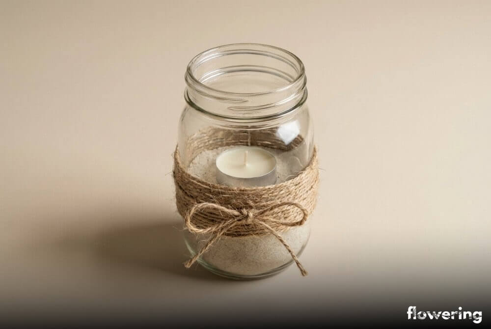 Lampion ze słoika owiniętego jutowym sznurkiem, z piaskiem i świeczką tealight w środku