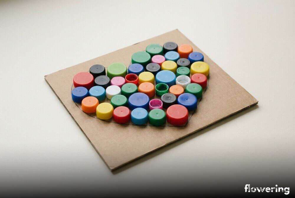 Kolorowa mozaika z plastikowych nakrętek ułożona w kształt serca na kartonie