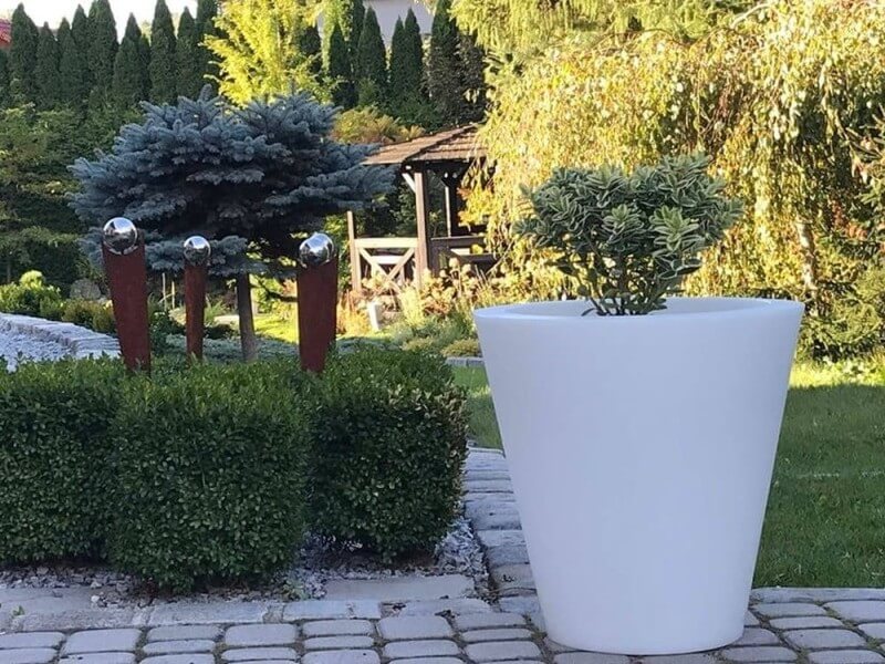 duża białą donica w ogrodzie