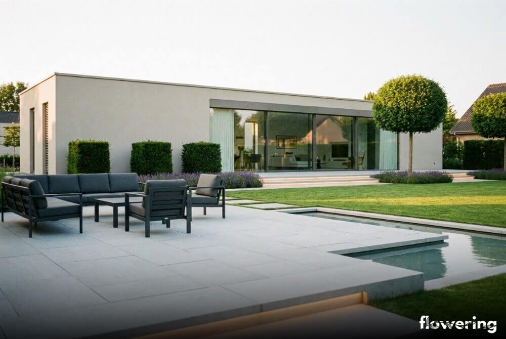 Minimalistyczny ogród przy nowoczesnym domu z tarasem z wielkoformatowych płyt, prostą taflą wody, formowanymi cisami i kulistą wiśnią, z dyskretnym oświetleniem LED