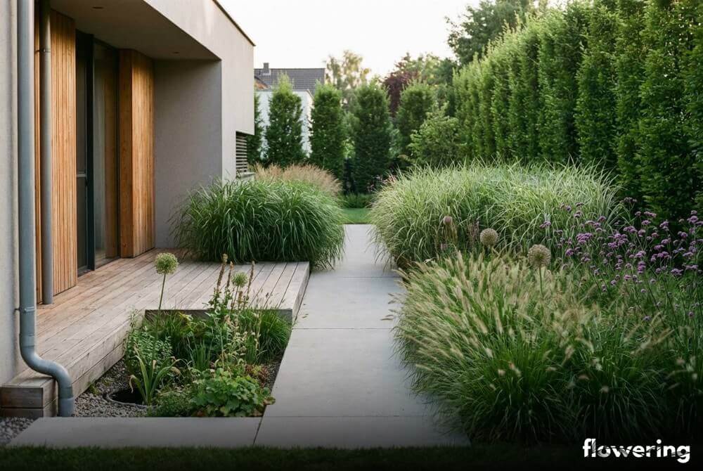 Naturalistyczny ogród przy domu z betonową ścieżką od tarasu, łanami traw i bylin (werbena, czosnek ozdobny) oraz subtelnym ogrodem deszczowym