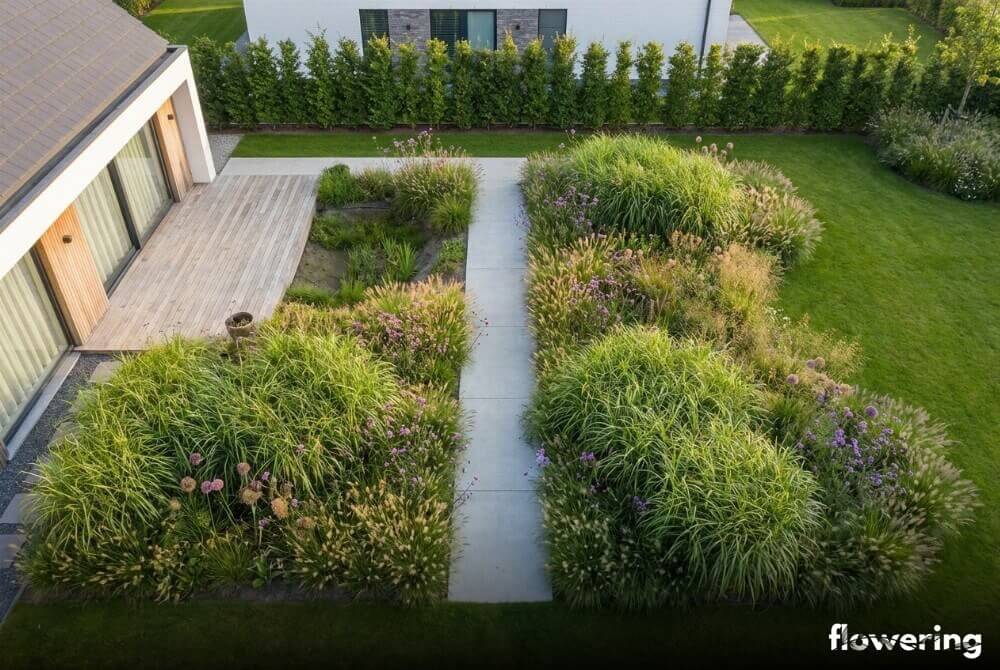 Widok z góry ogrodu naturalistycznego przy domu z betonową ścieżką od tarasu, dużymi plamami traw i bylin oraz obniżeniem ogrodu deszczowego