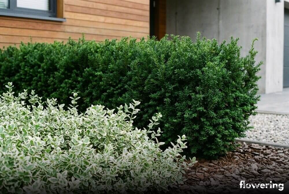 Trzmielina ‘Emerald Gaiety’ na tle ciemnego cisa w rabacie przy domu