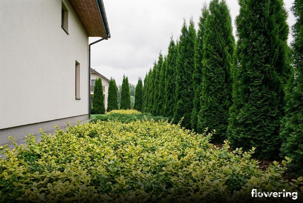 Trzmielina ‘Emerald ’n’ Gold’ posadzona przed ciemnymi tujami ‘Smaragd’ przy domu