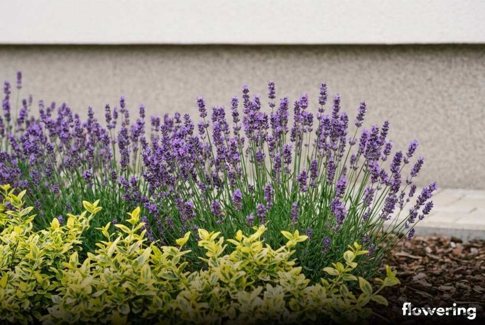 Lawenda kwitnąca za pasem trzmieliny przy nowoczesnym domu