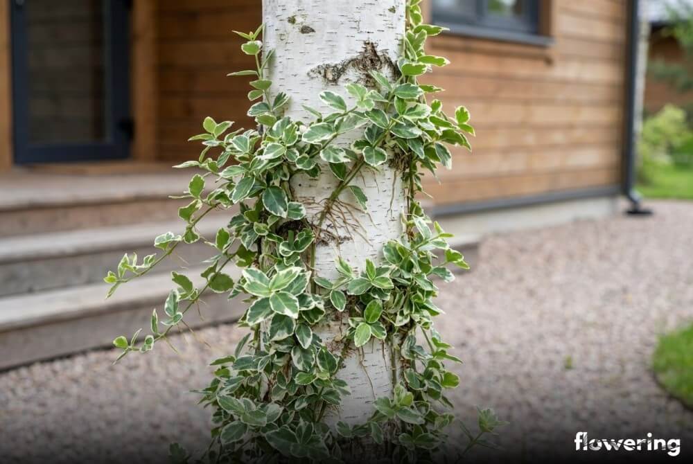 Trzmielina Fortune’a wspinająca się po pniu drzewa w ogrodzie przy domu