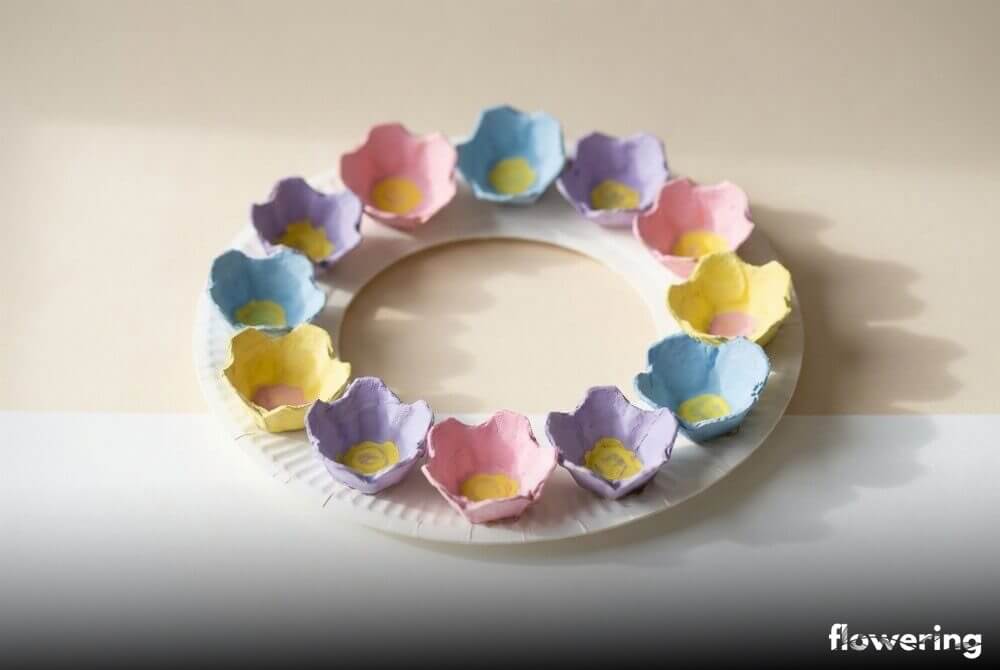 Wiosenny wieniec z papierowego talerzyka i pastelowych kwiatów 3D z wytłaczanki po jajkach