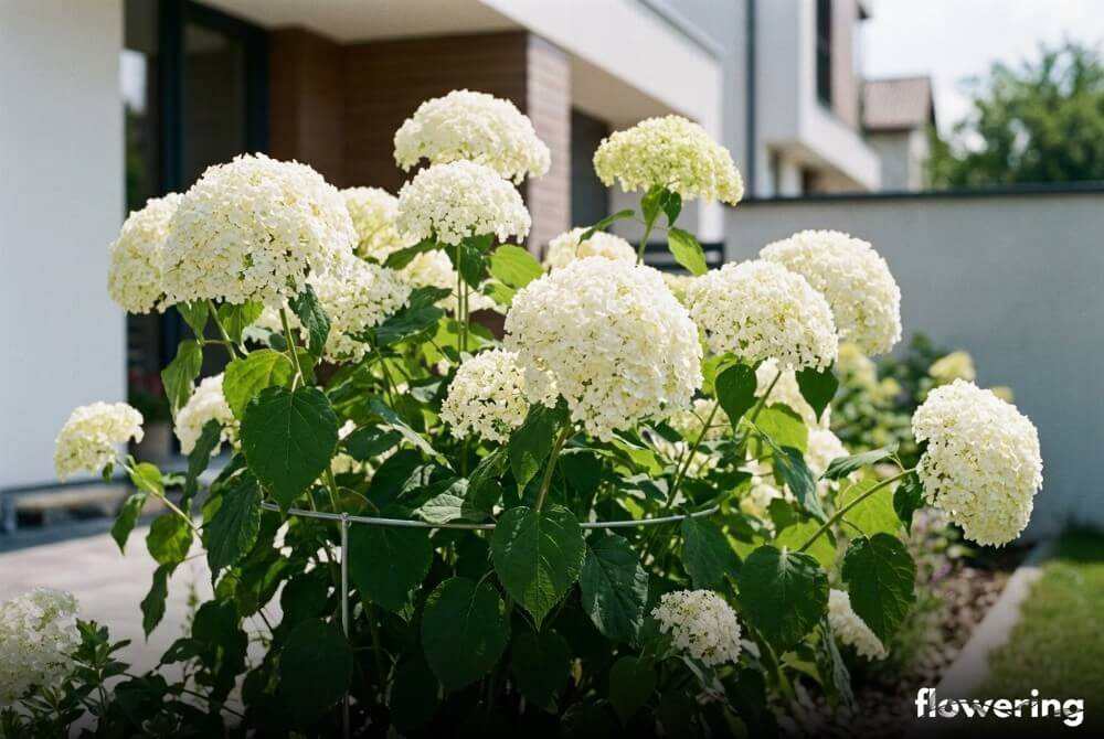 Hortensja drzewiasta ‘Annabelle’ z dużymi kremowobiałymi kwiatostanami i widoczną podporą pierścieniową na słonecznej rabacie przy domu