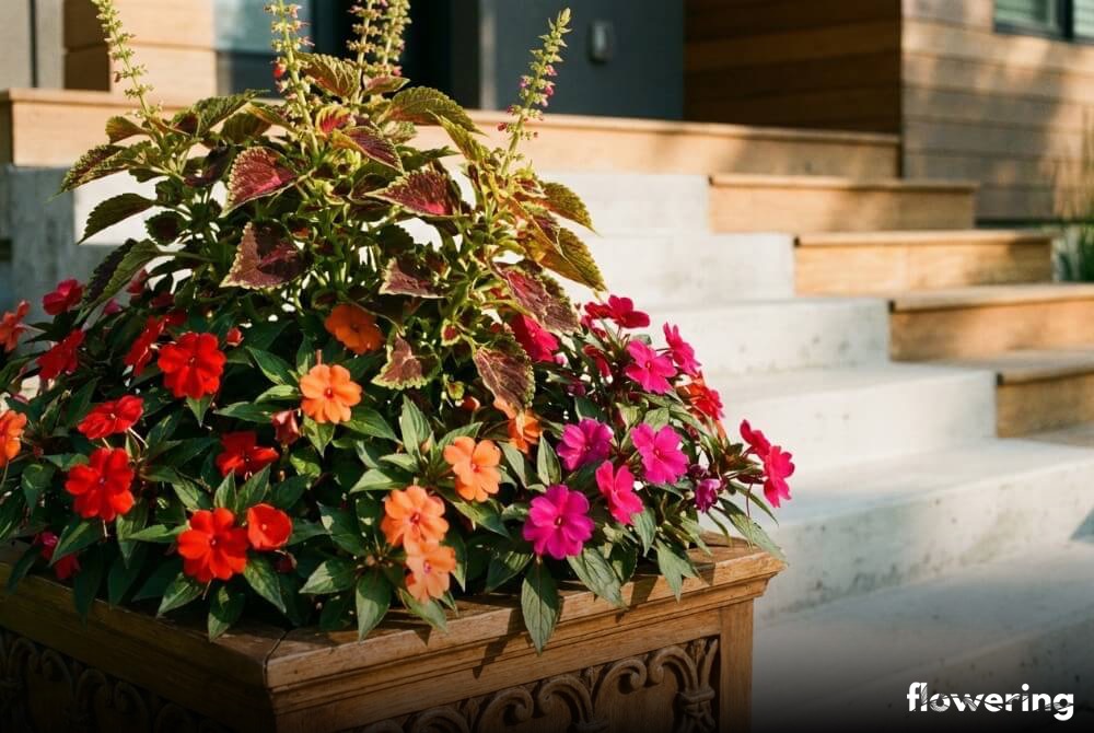 Aranżacja z koleusa i niecierpka w skrzynce na tle nowoczesnego domu