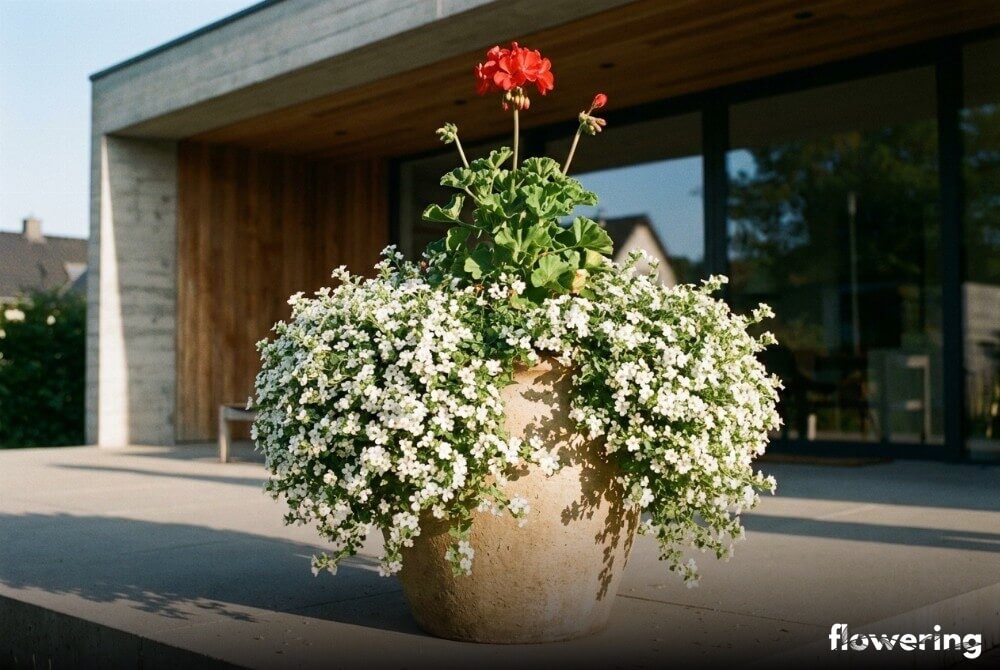 Czerwona pelargonia i biała bakopa w ceramicznej donicy na słonecznym tarasie