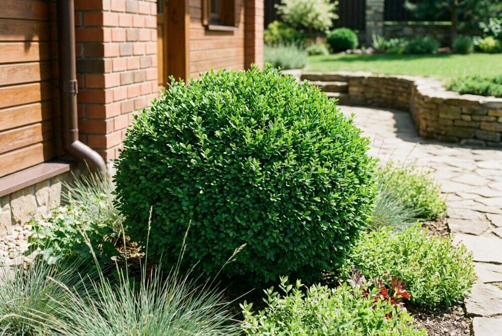 Berberys ‘Kobold’ tworzący gęstą, szmaragdową poduchę na rabacie w ogrodzie przy domu