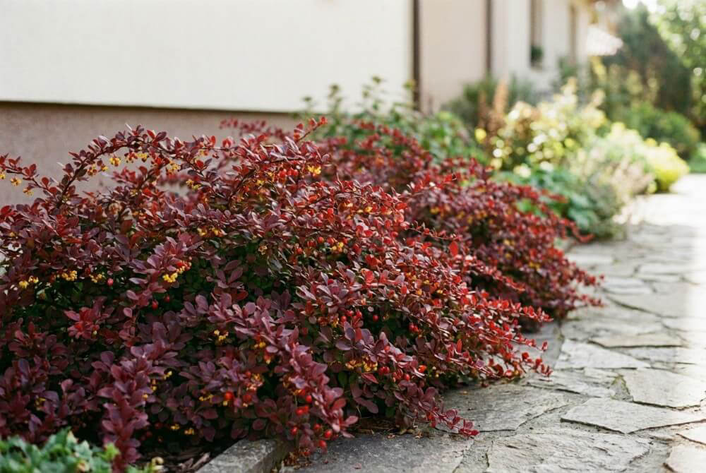 Okrywowy berberys ‘Red Carpet’ o czerwonych liściach tworzący niski kobierzec w ogrodzie