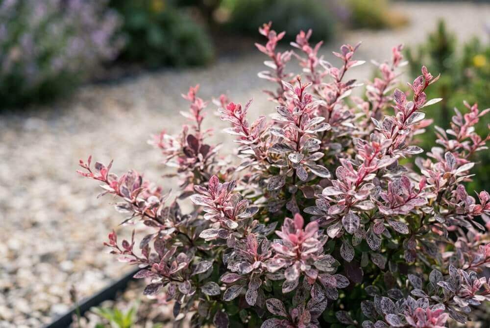 Berberys ‘Rose Glow’ z pstrymi, nakrapianymi liśćmi w słonecznym ogrodzie przy domu