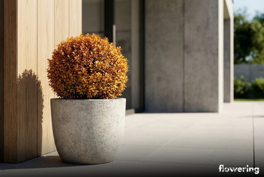 Kulisty berberys w nowoczesnej donicy na słonecznym tarasie w pobliżu domu