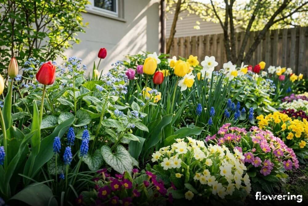 Wiosenna rabata przy domu: brunera kwitnąca z tulipanami, narcyzami, szafirkami i pierwiosnkami, wyraźne detale