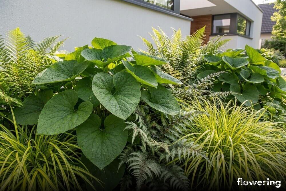 Brunera w kępach z paprociami i turzycą ‘Evergold’ w przydomowej rabacie, detale koronkowych i zwiewnych liści