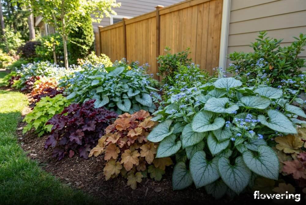 Brunera o chłodnych srebrzystych liściach i żurawki w barwach bordo, karmelu i limonki w rabacie przy domu