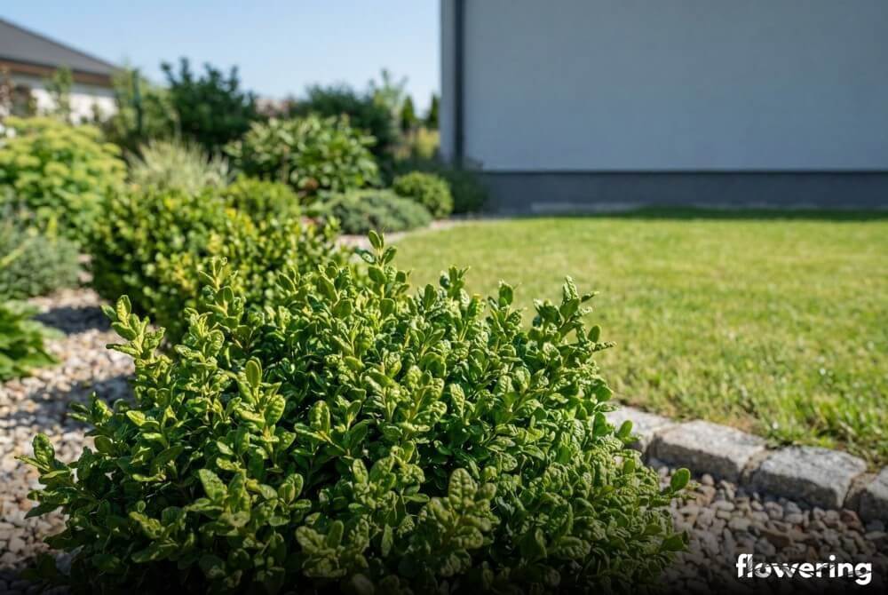 Bukszpan ‘Bullata’ z wypukłymi, pofałdowanymi liśćmi w kolekcjonerskiej części ogrodu