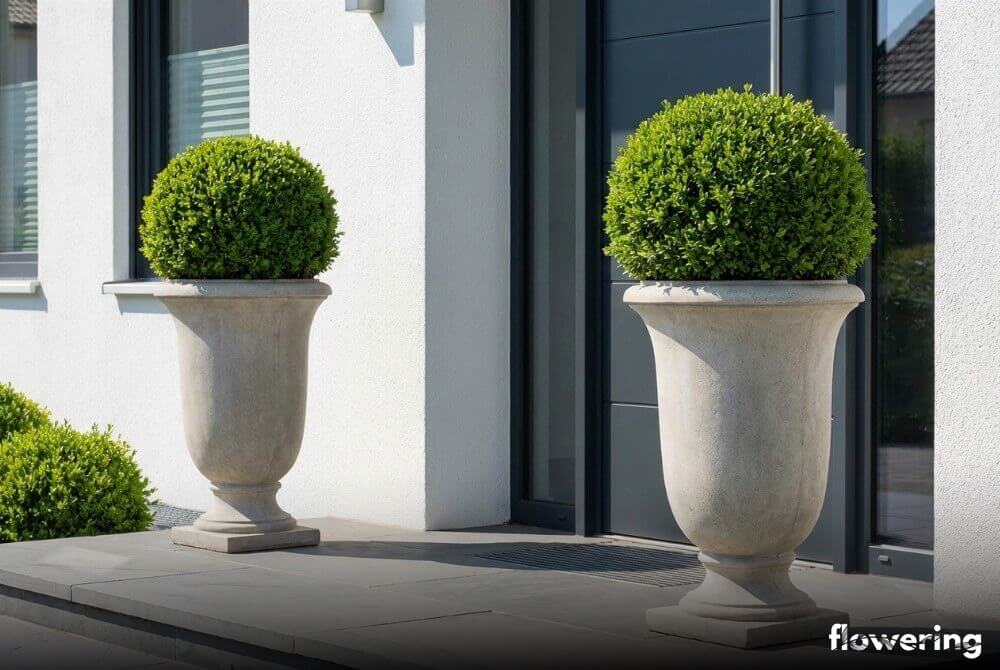 Bukszpan w donicach na tarasie: strzyżone kule w wysokich, eleganckich pojemnikach przy wejściu do domu