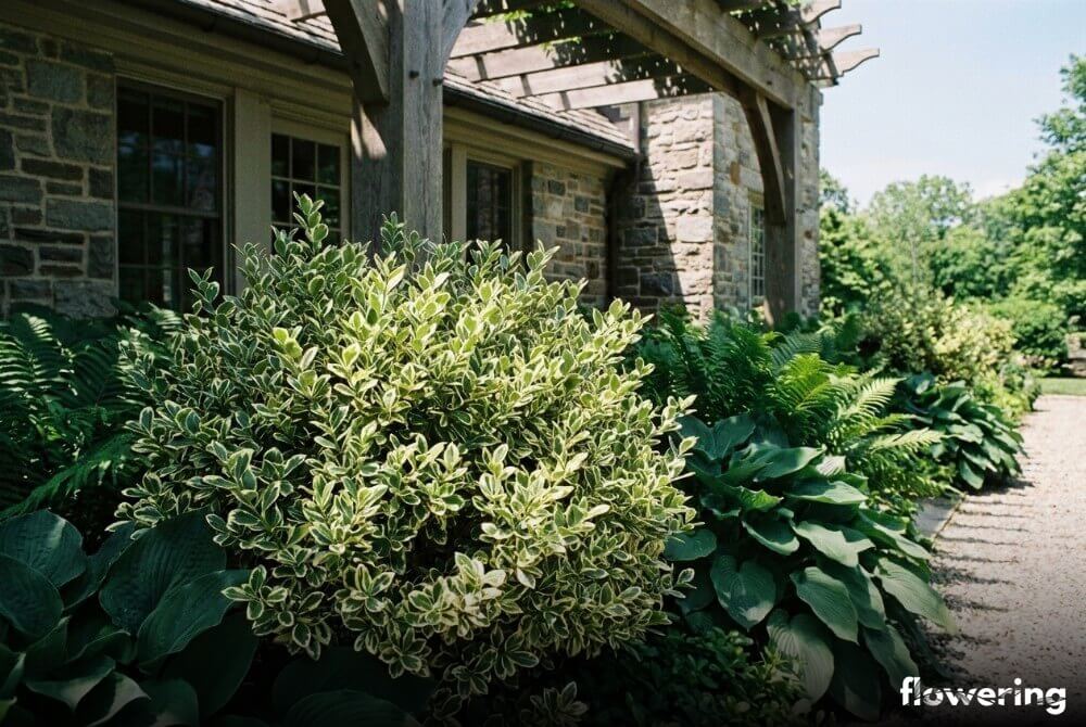 Bukszpan ‘Elegantissima’ o liściach z kremowym marginesem w ogrodowej kompozycji przy domu