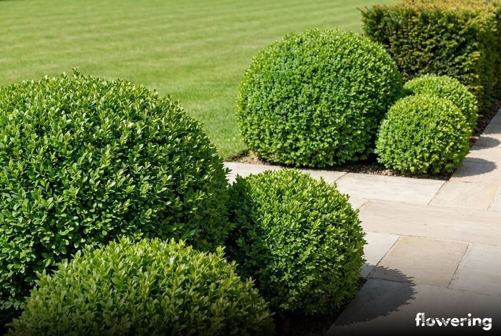 Bukszpan ‘Faulkner’ uformowany w kule wzdłuż ogrodowej ścieżki w słoneczny dzień