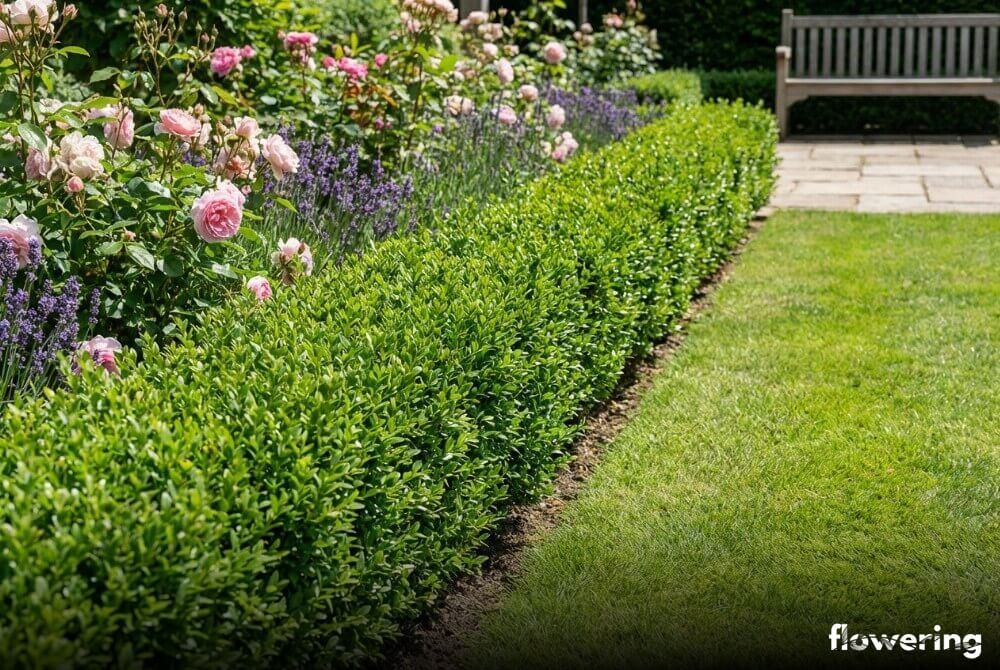 Niska obwódka z bukszpanu ‘Suffruticosa’ oddzielająca trawnik od rabaty z różami i lawendą w słonecznym ogrodzie