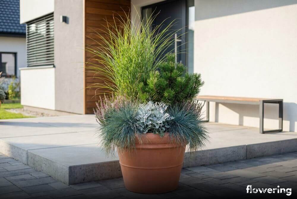 Duża donica w ogrodzie przy domu: kostrzewa sina na bokach, wyższy akcent w środku oraz wrzosy i starzec popielny w słoneczny dzień