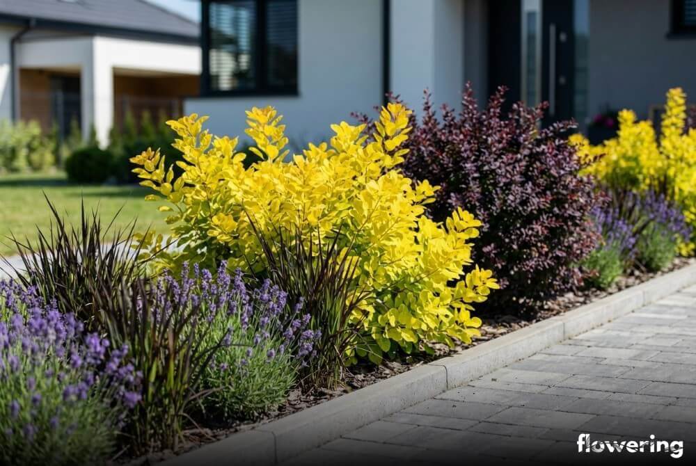 Złocisty perukowiec z bordowym berberysem i ciemną rozplenicą ‘Black Beauty’ w słonecznej kompozycji przy domu