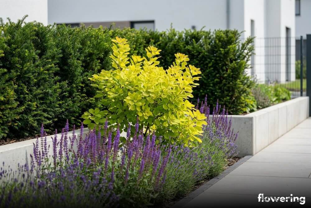 Żółty perukowiec ‘Golden Spirit’ na tle cisów z fioletową szałwią i lawendą w słonecznym ogrodzie