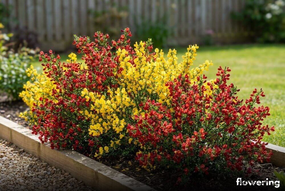 Grupa kilku żarnowców o czerwonych i żółtych kwiatach tworząca barwną plamę na rabacie w słońcu