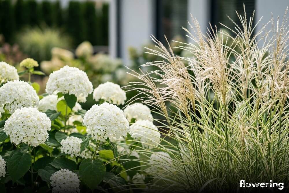 Białe kwiatostany hortensji drzewiastej zestawione z miskantem ‘Morning Light’ na słonecznej, uporządkowanej rabacie przy domu