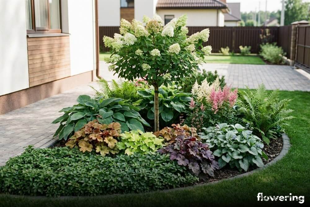 Hortensja na pniu z hostami, żurawkami, brunnerą, tawułkami, paprociami i runianką w uporządkowanej rabacie przy nowym domu