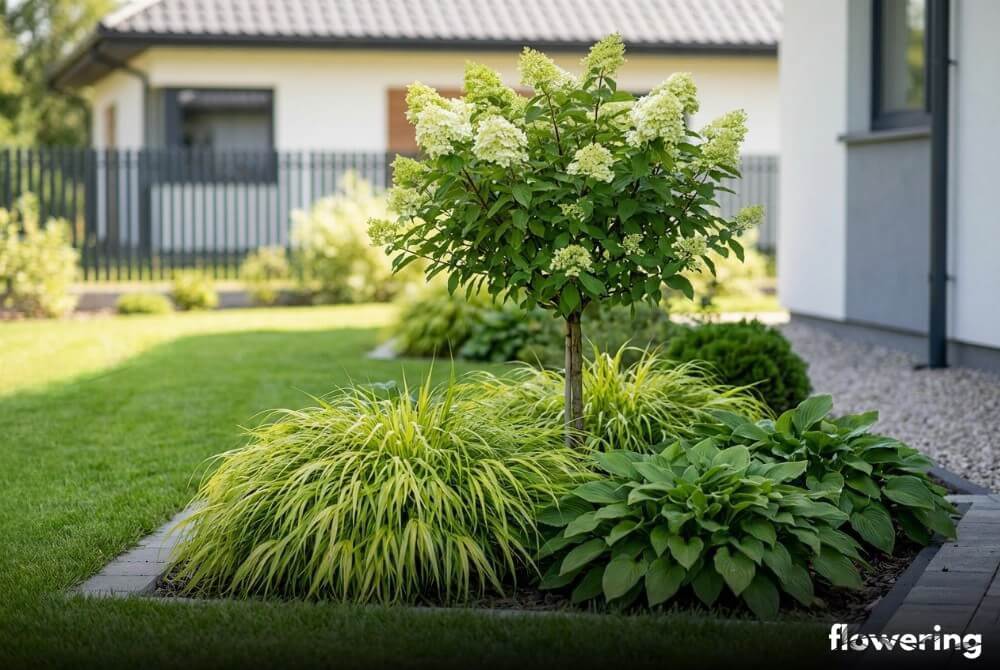Hortensja na pniu z hakonechloą ‘Aurea’ i hostami w jasnej rabacie w nowym ogrodzie przy domu