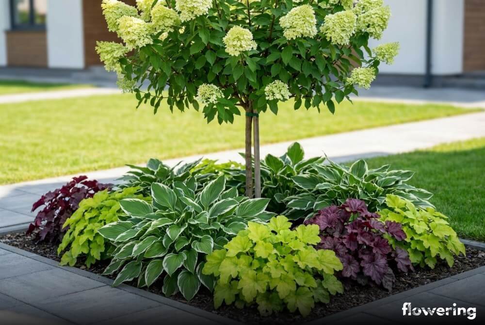 Hortensja na pniu z funkią ‘Patriot’ i żurawkami (limonka i burgund) przy schludnej ścieżce w nowym ogrodzie