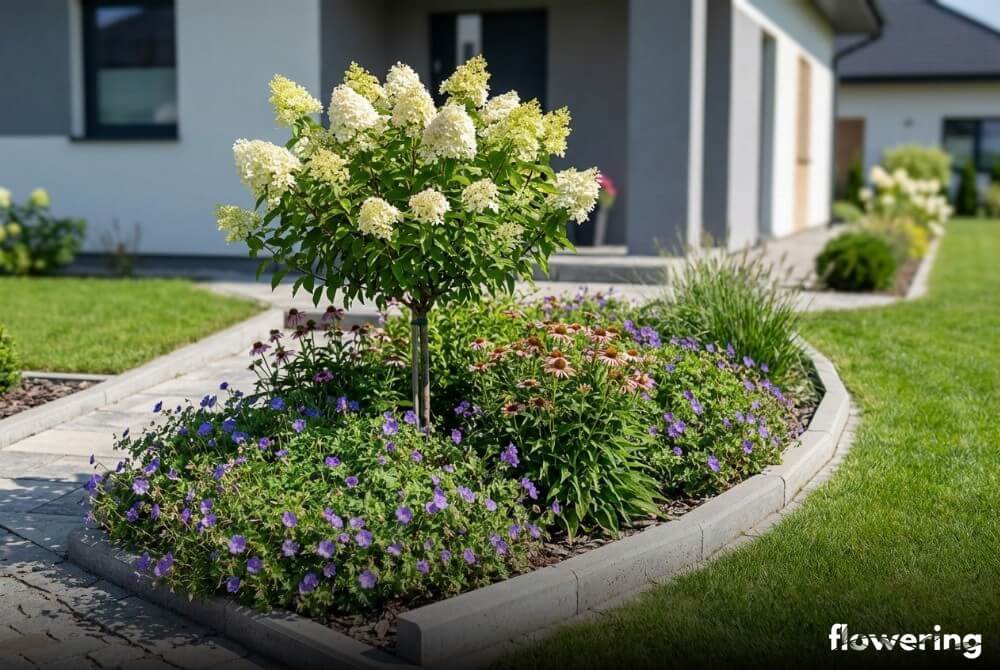 Hortensja na pniu z niskimi jeżówkami i bodziszkiem ‘Rozanne’ w schludnym, słonecznym ogrodzie przy domu