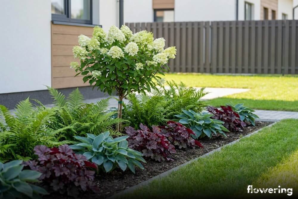Hortensja na pniu z paprociami, niebieskawymi hostami i burgundowymi żurawkami w uporządkowanej rabacie przy dom