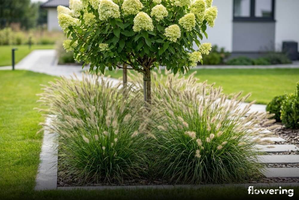 Hortensja na pniu z rozplenicą ‘Hameln’ w eleganckiej rabacie przy dyskretnej, nowej ścieżce w ogrodzie