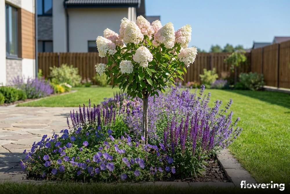 Hortensja bukietowa na pniu z szałwią ‘Caradonna’, kocimiętką i bodziszkiem ‘Rozanne’ w słonecznej rabacie przy nowym domu