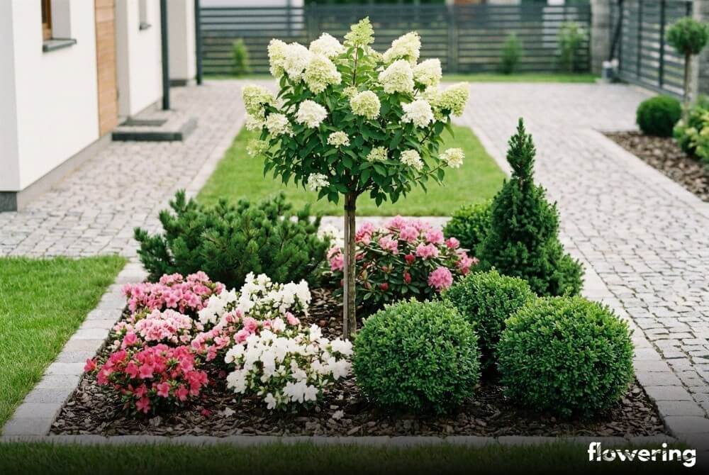 Hortensja na pniu z azaliami, karłowym różanecznikiem, kulami z Ilex crenata i karłowymi iglakami w nowym ogrodzie przy domu