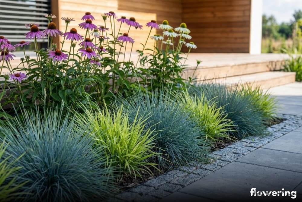 Obwódka z kostrzewy sinej i seslerii jesiennej maskująca dolne partie jeżówek w schludnym ogrodzie przy domu