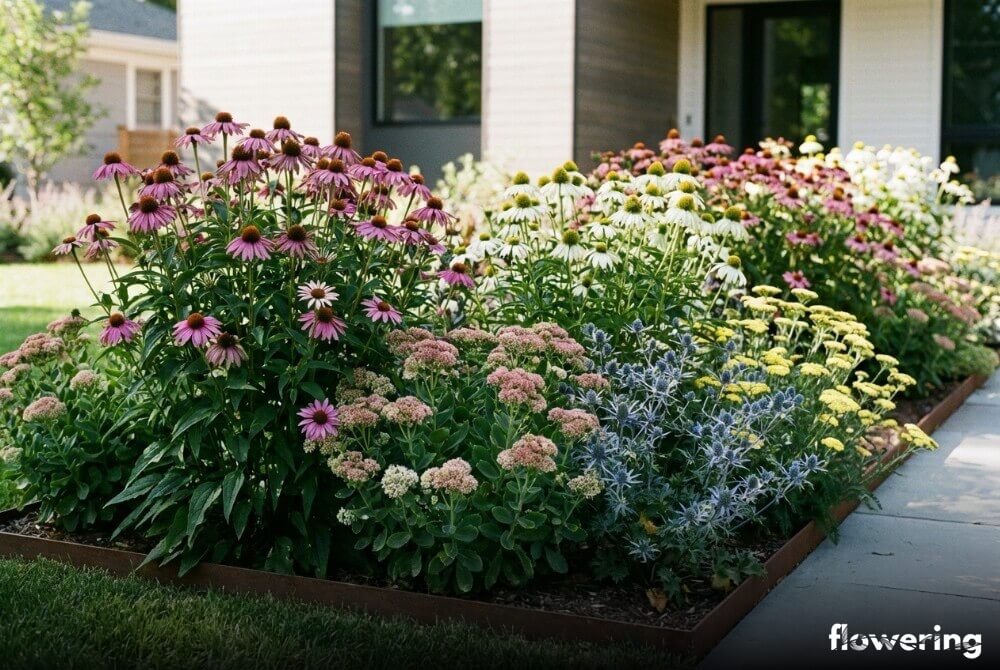 Rabata z jeżówką, rozchodnikiem, krwawnikiem i mikołajkiem o metalicznie niebieskich główkach w słonecznym ogrodzie przy domu