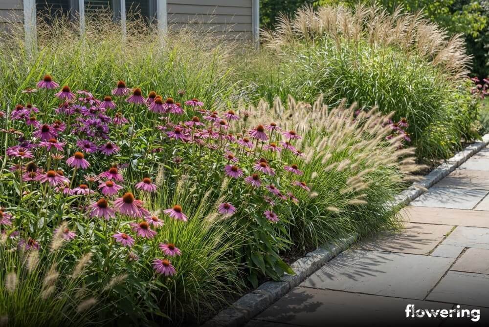 Jeżówki na tle rozplenicy, prosa i miskanta tworząca lekką, trawiastą kompozycję w słonecznym ogrodzie w pobliżu domu