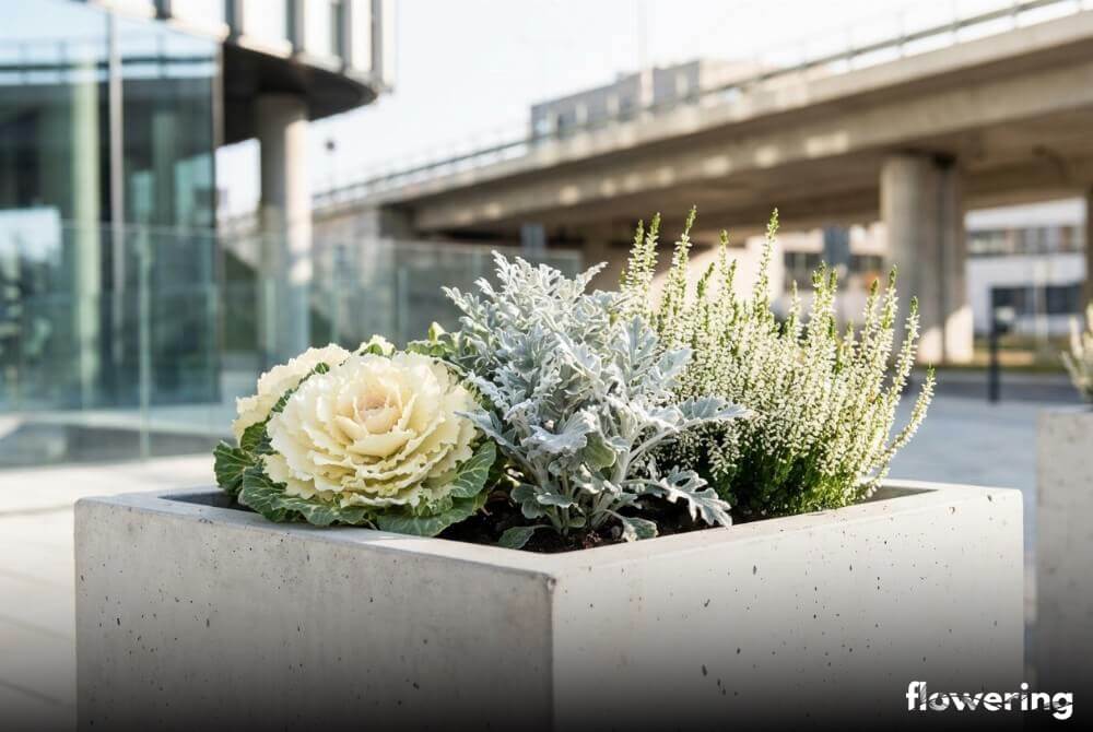 Biała kapusta ozdobna i srebrne rośliny w minimalistycznej betonowej donicy