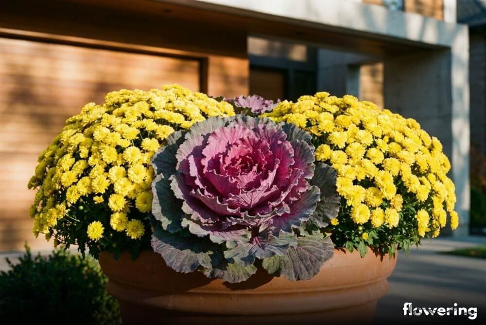 Fioletowa kapusta ozdobna i żółte chryzantemy w donicy na tle nowoczesnego domu