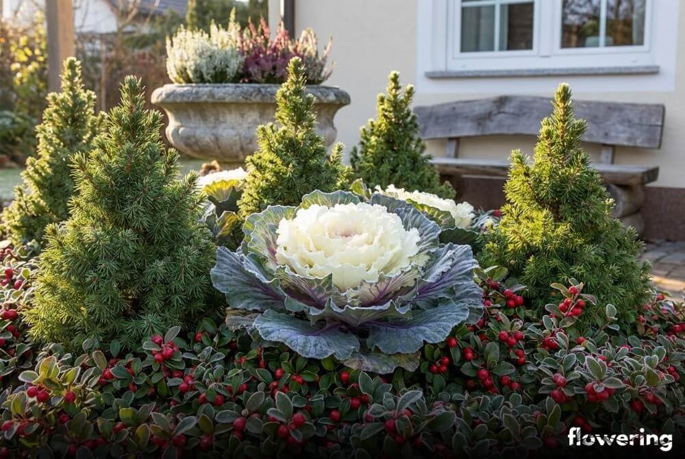 Biała kapusta ozdobna w kompozycji z miniaturowym świerkiem i golterią o czerwonych owocach