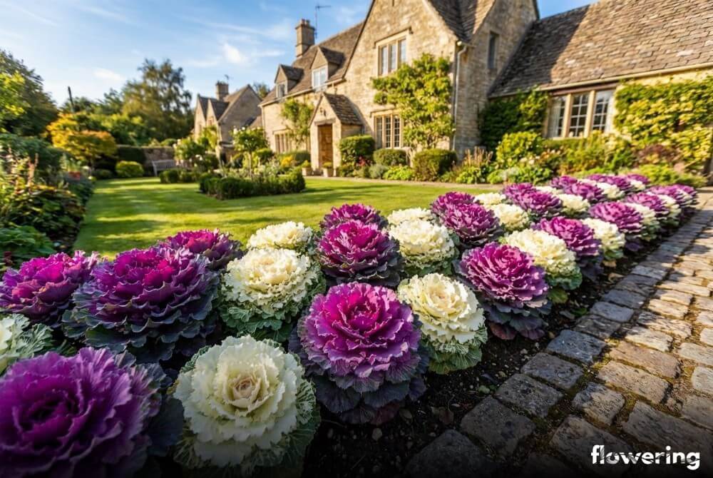 Kolorowa obwódka z fioletowej i białej kapusty ozdobnej wzdłuż ogrodowej ścieżki
