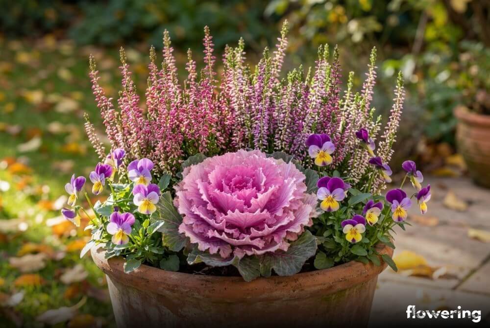 Jesienna aranżacja z kapustą ozdobną, fioletowymi wrzosami i kolorowymi bratkami