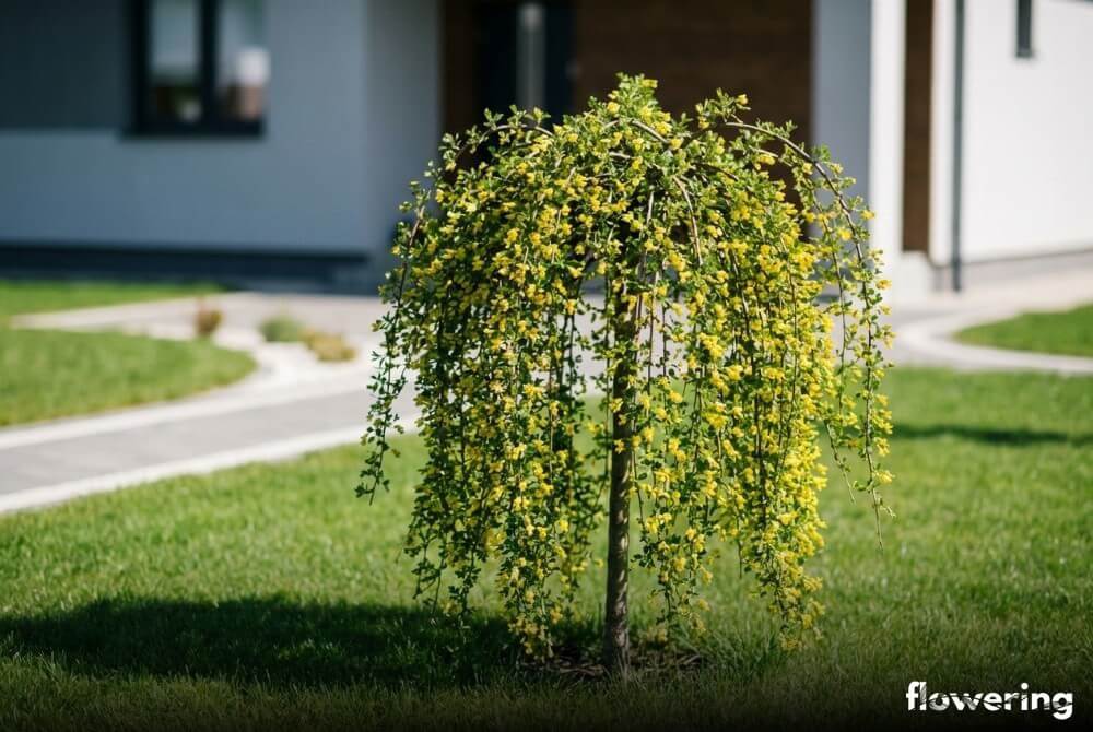 Karagana syberyjska ‘Pendula’ szczepiona na pniu, płacząca korona z żółtymi kwiatami, posadzona samotnie na trawniku przy domu