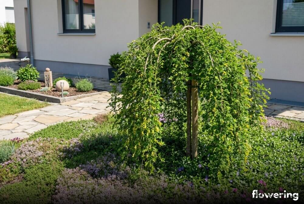 Przedogródek z karaganą szczepioną na pniu jako soliter – płacząca forma zwisająca do ziemi w spójnej aranżacji przy domu